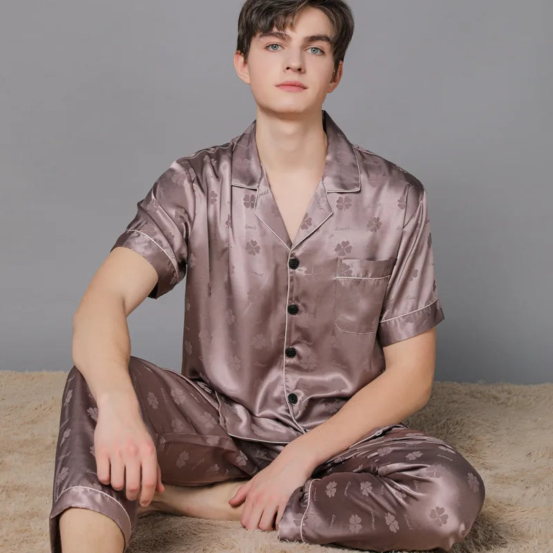 Men Ice Silk Pajamas Suit Summer Plus Size.