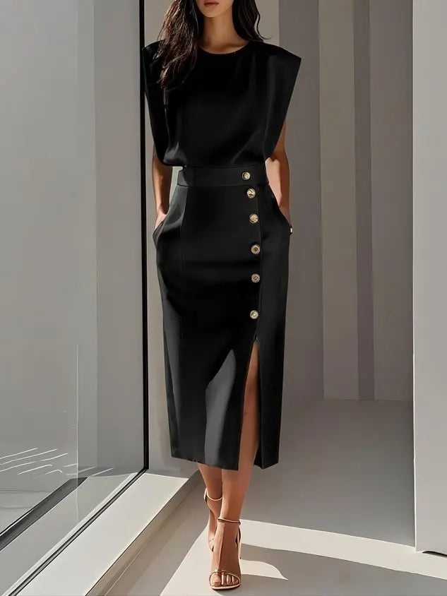 Fashion Women's Tank Dress Elegant Single Breasted Solid Casual.