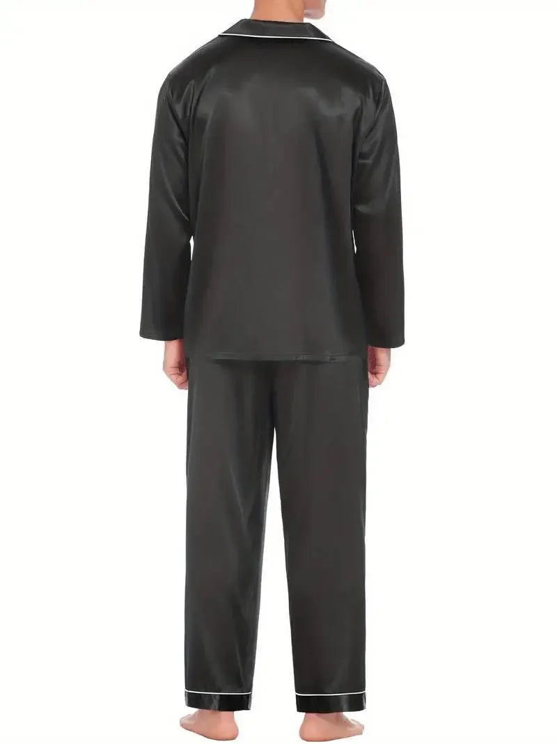 Men's Satin Pajama Set For Men Long Sleeve Button-down Top.