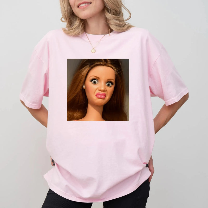 Women's Funny Doll Face Meme T-Shirt Unisex Cotton Streetwear.