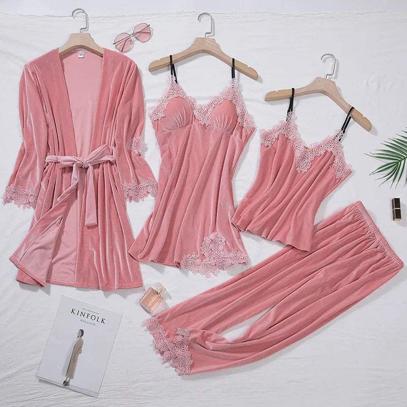 TOP Casual Velour Home Clothing 4pcs Sleep Set Intimate Lingerie Women Pajamas.