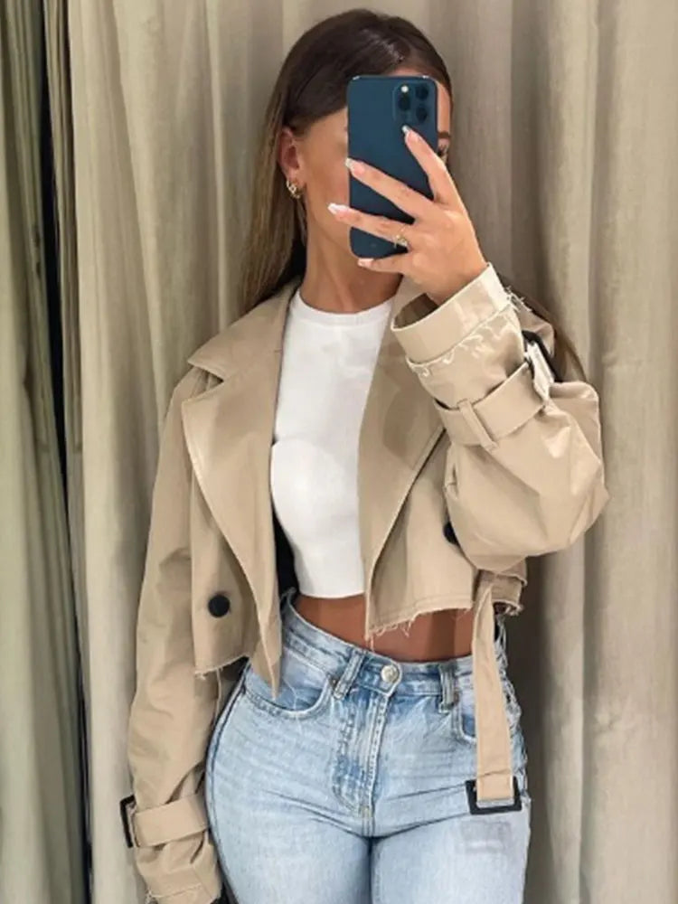 Jacket Women Vintage Streetwear Double Breasted Long Sleeve Top.