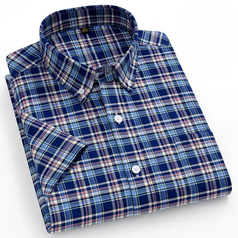 fashion summer cotton oxford plaid short sleeve shirt for man designer office.