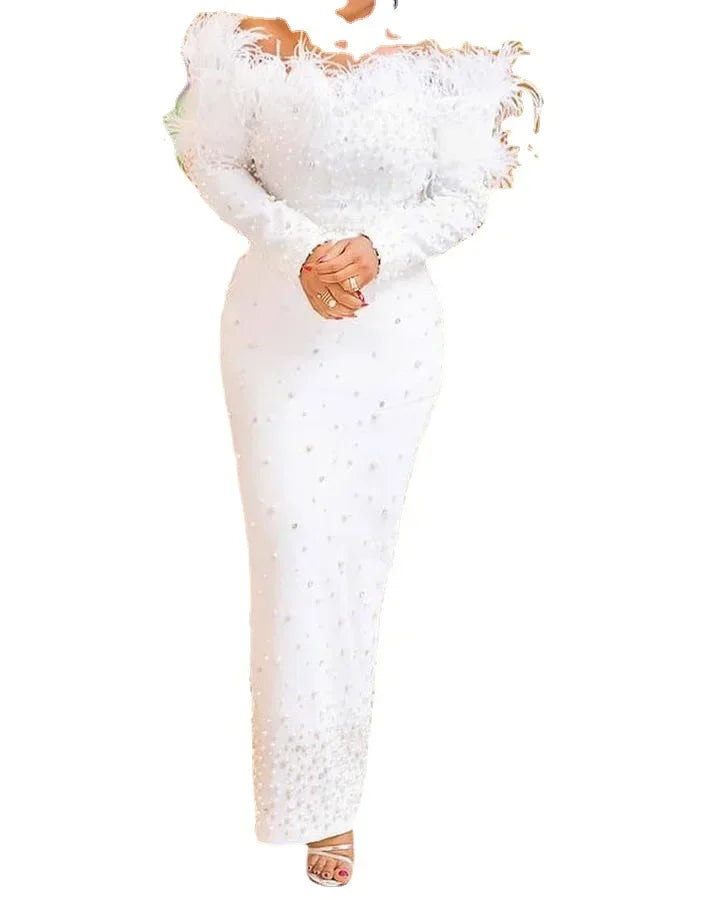 Feather White Dress Party Women Pearls Long Night Dresses.