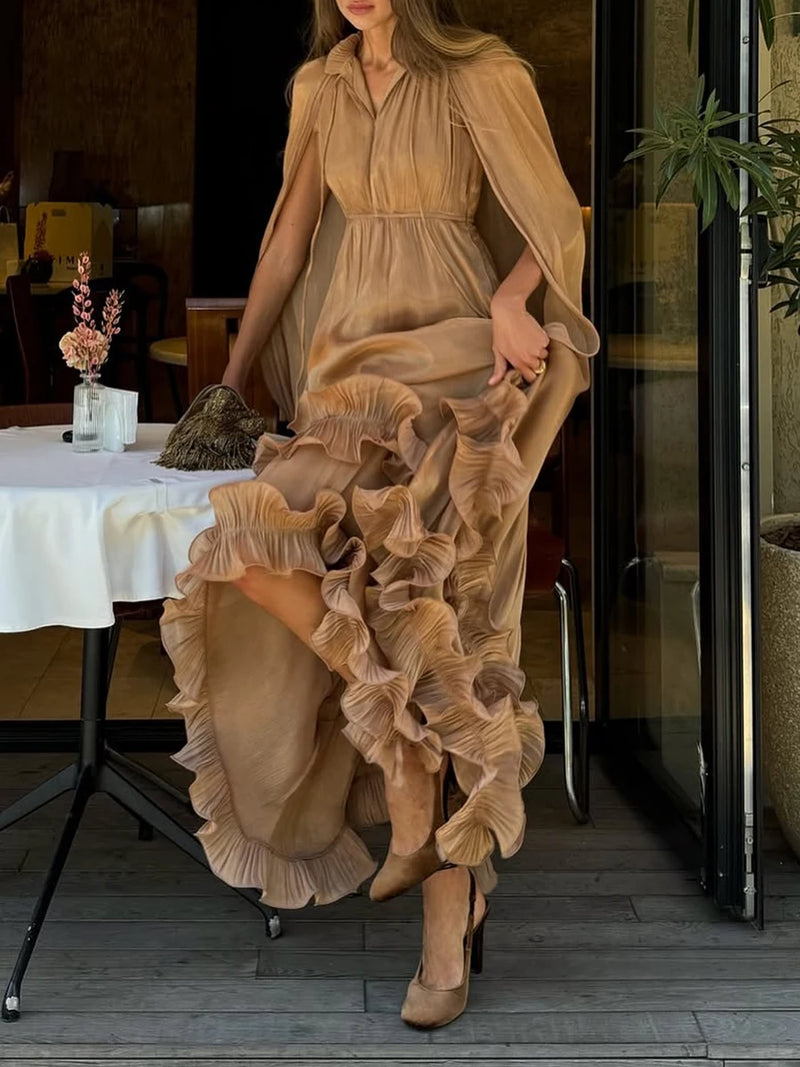 VGH Solid Spliced Ruffles Cape Long Dresses for Women.