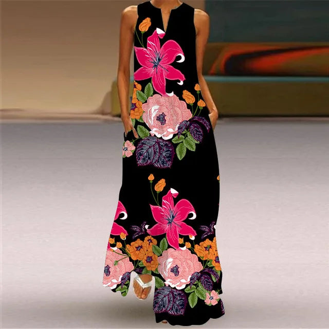 3D Floral Printed Dress Summer Vintage V-neck Sleeveless Loose Maxi Dress Elegant.