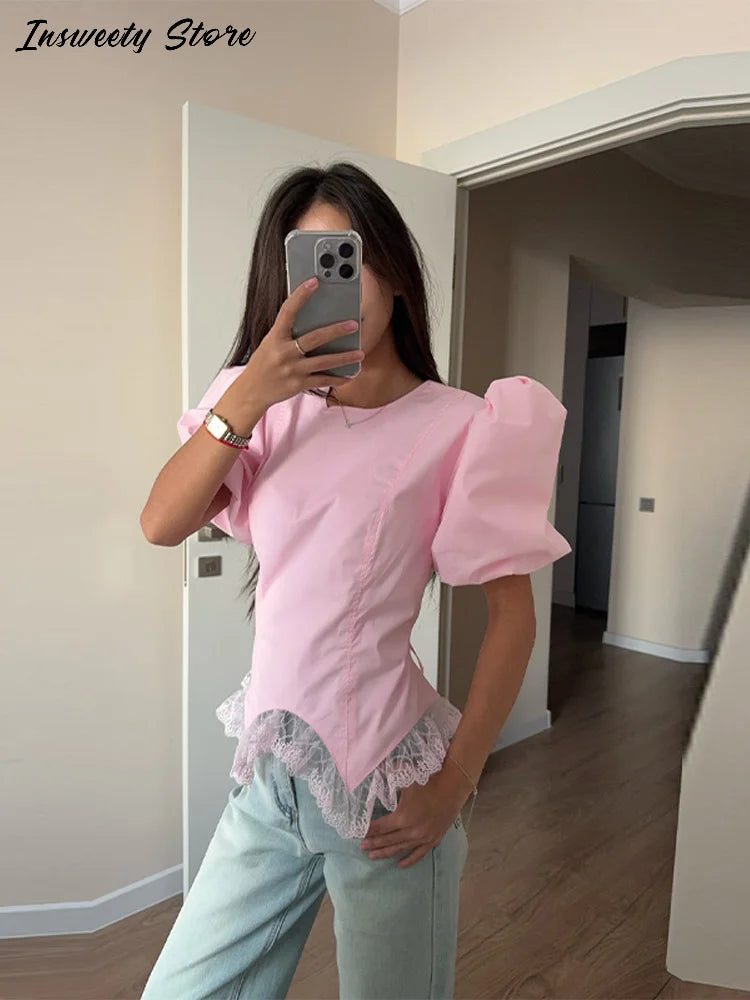 Casual Lace Insert Hem Blouse Women's Puff Sleeve Solid Round Neck.