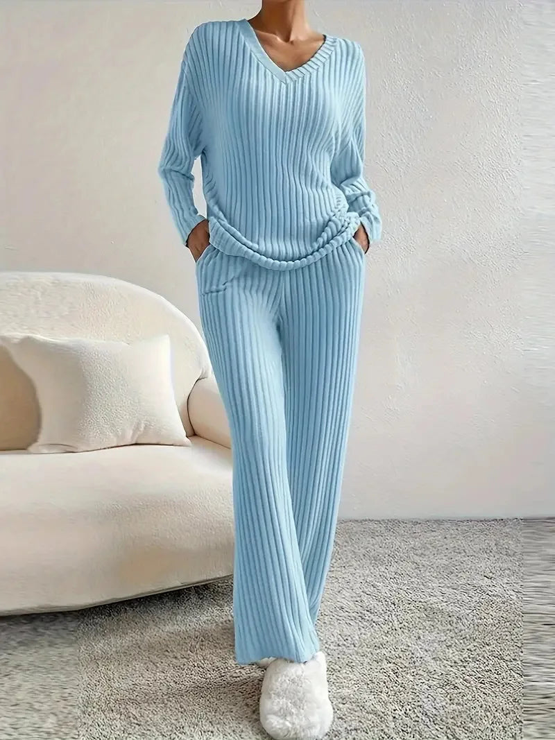 Spring Fashion Women Homewear Set New Style Straight-leg Pants +Loose-fit V-neck.