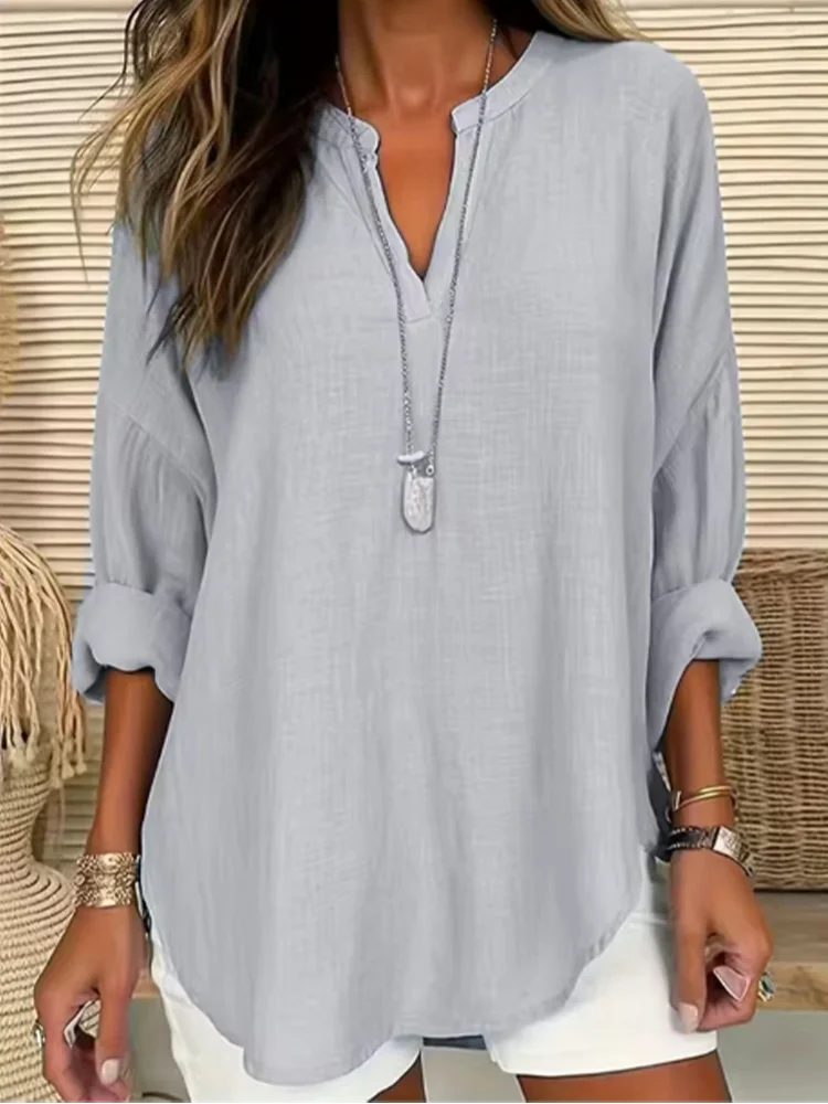 Women's Casual Loose Long Sleeve V-Neck T-Shirt Autumn Fashion Elegant Blue Top.