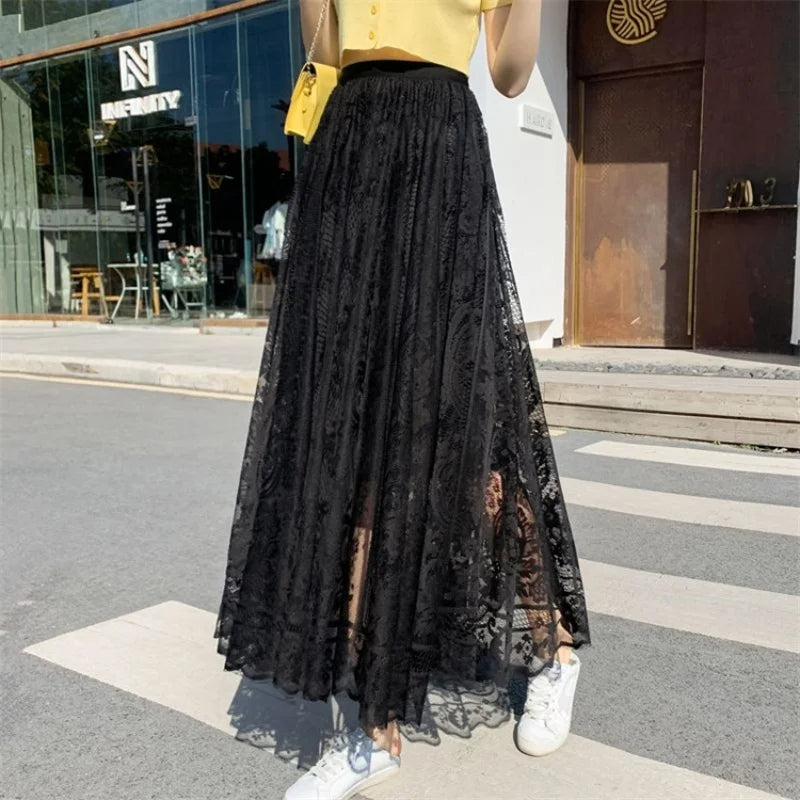 Elegant Lace Mesh Skirt for Women Lace Skirts High Waist Summer Long Skirt.