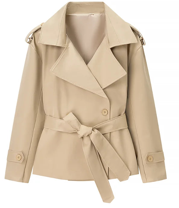 Casual Solid Lace Up Short Trench Coat Women Chic Long Sleeve.