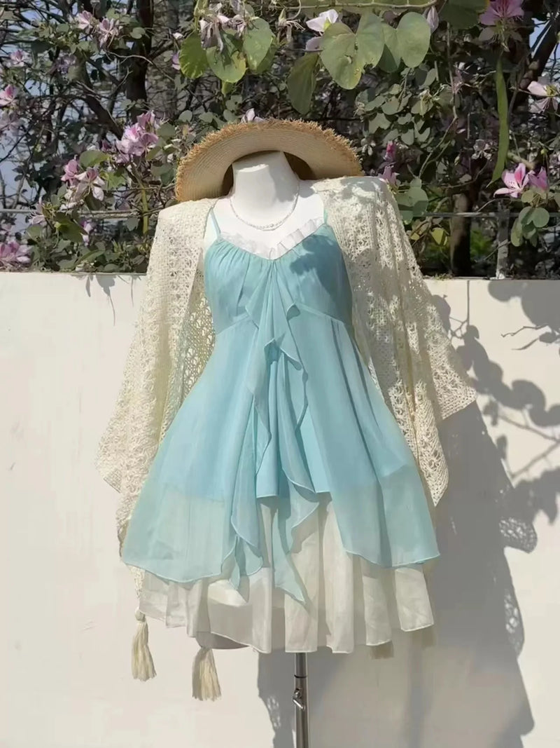 Women’s  Sweet Kawaii Y2k Min Dress Lolita Cute Sleeveless Floral Dress.