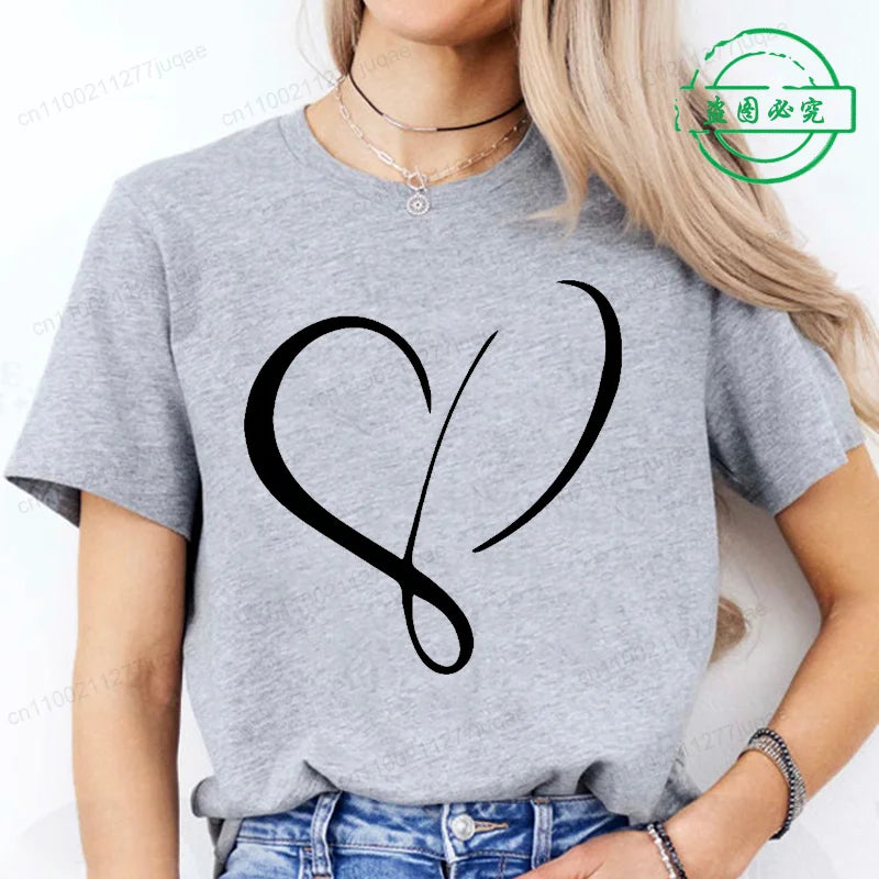 Women Love Heart Design T-Shirts Fashion Casual Short Sleeve.