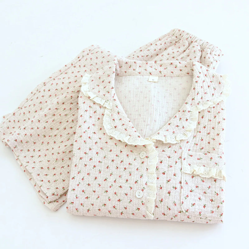 Cotton Gauze Women Pajamas Sleepwear Female 2 Piece Set.