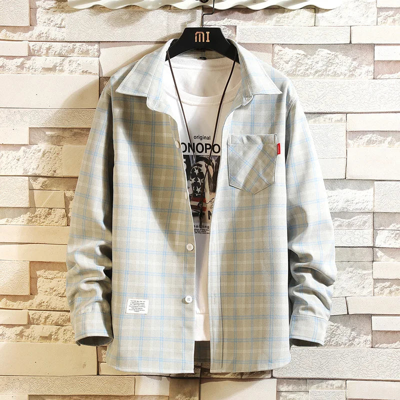 Summer Men's Plaid Shirt Button Pocket Casual Fashion Elegant Long sleeve.