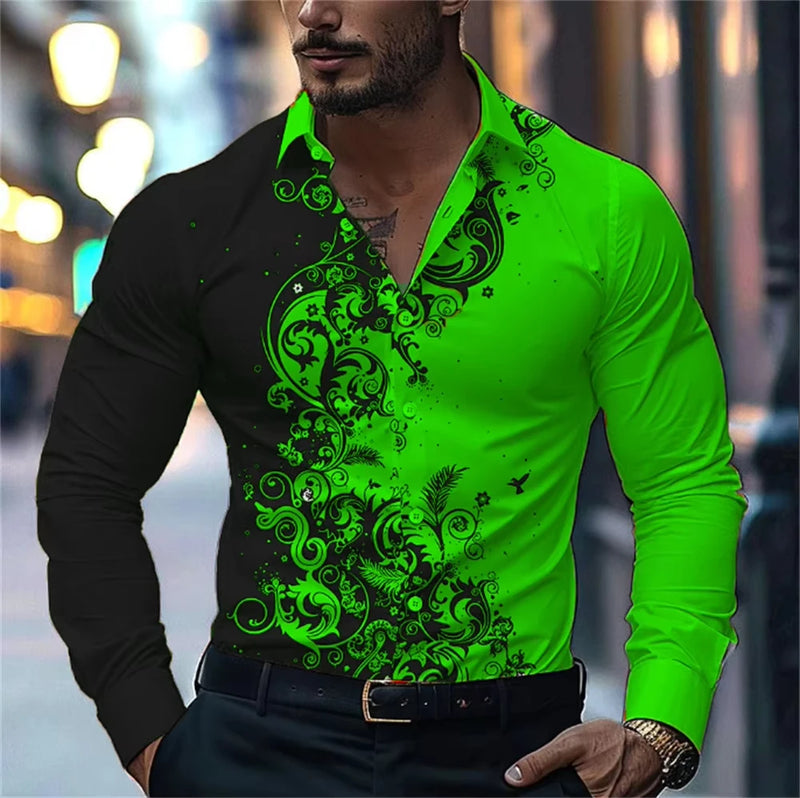 Men's Stylish Red Floral Print Dress Shirt - Casual Long Sleeve Button-Up.