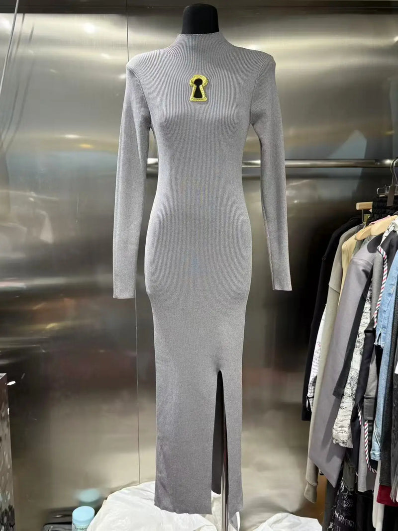 European Women Clothes Long Sleeve Waist-Cinching Knitted Long Dress.
