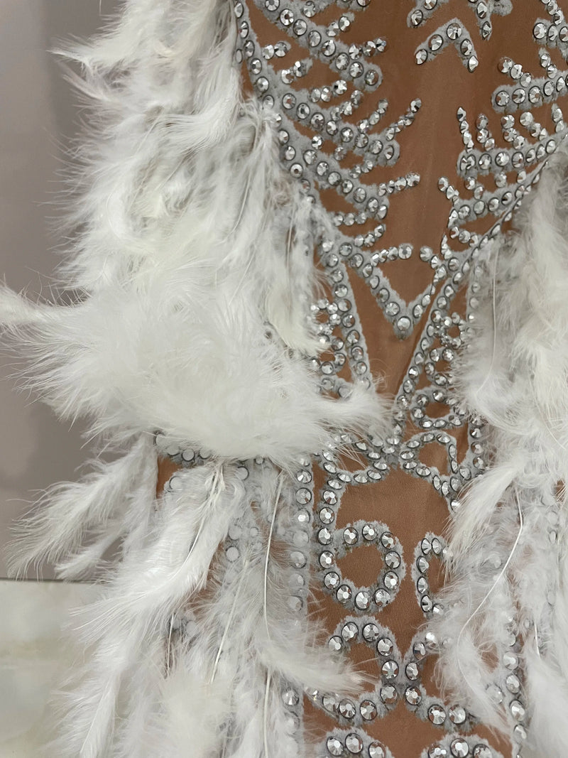 Women Sparkly Rhinestone Feathers Sleeveless O Neck Bodycon Long Dress.