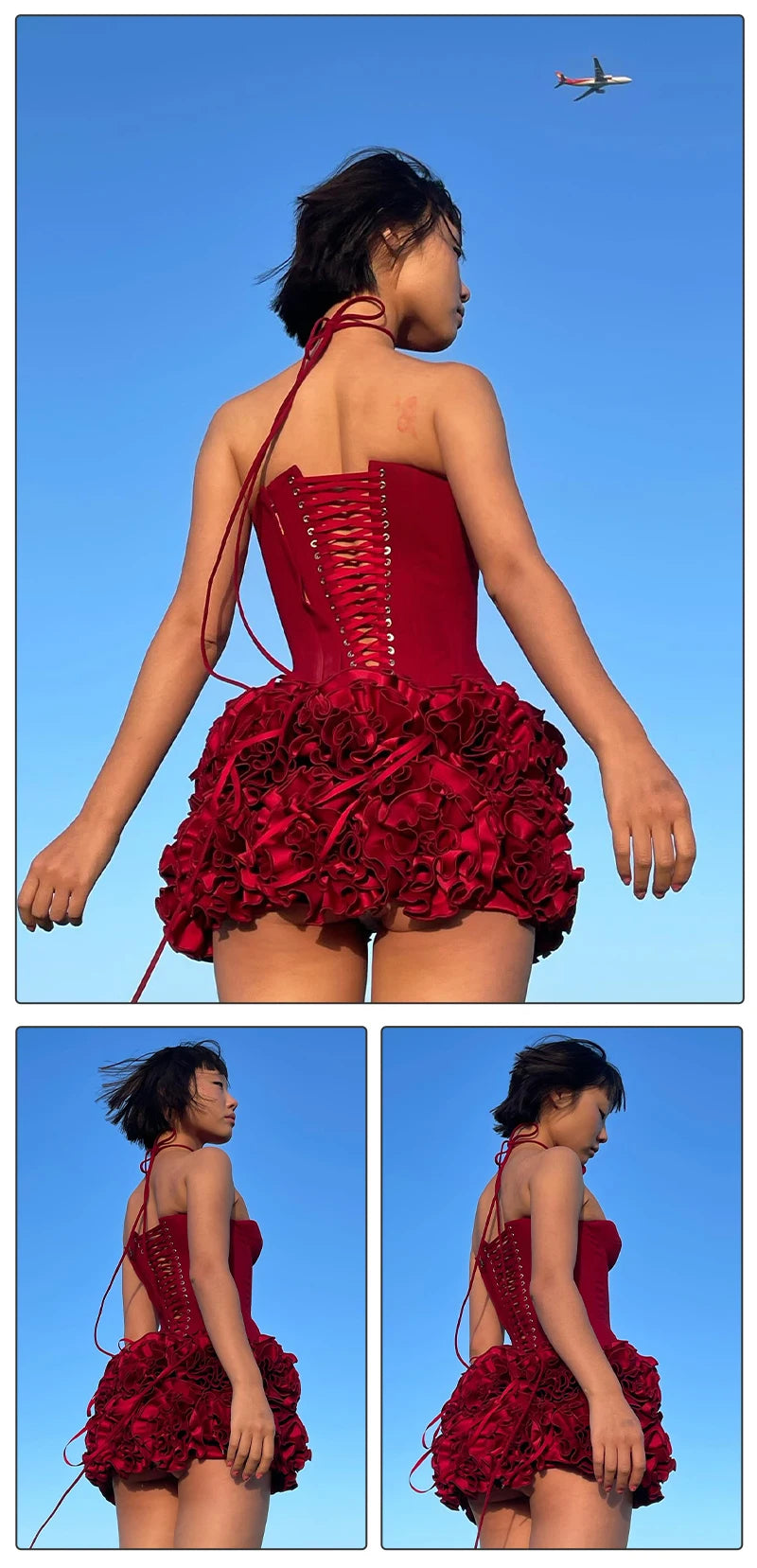 VC Christmas Dress Strapless Backless Red Structured Floral Embellished Mini Length.