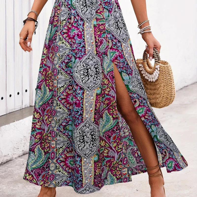 Vintage Bohemian Ethnic Print Long Skirt Women Summer Casual High Waist.