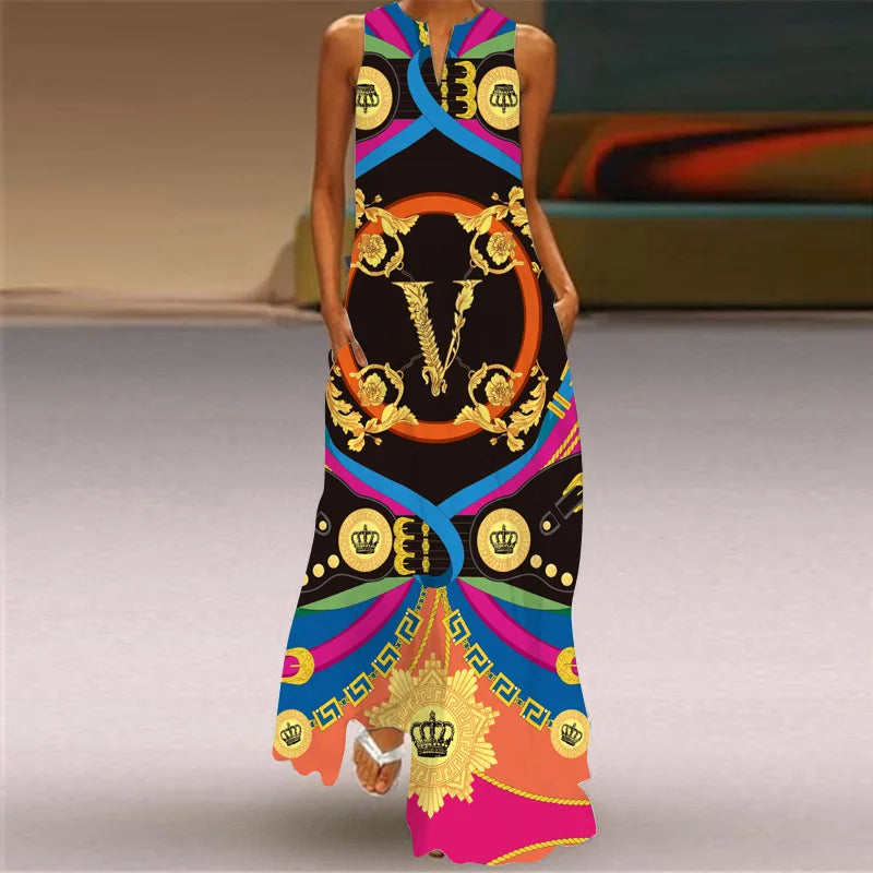 Vintage Print Maxi Dress For Women.