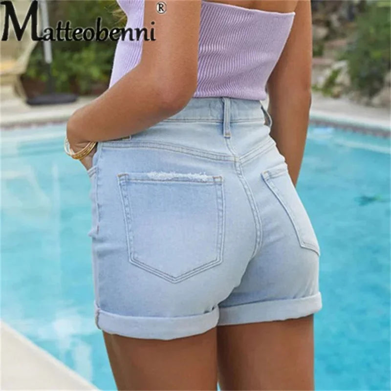 Summer Stretch Midriff Button Splice Denim Shorts Women Comfortable.