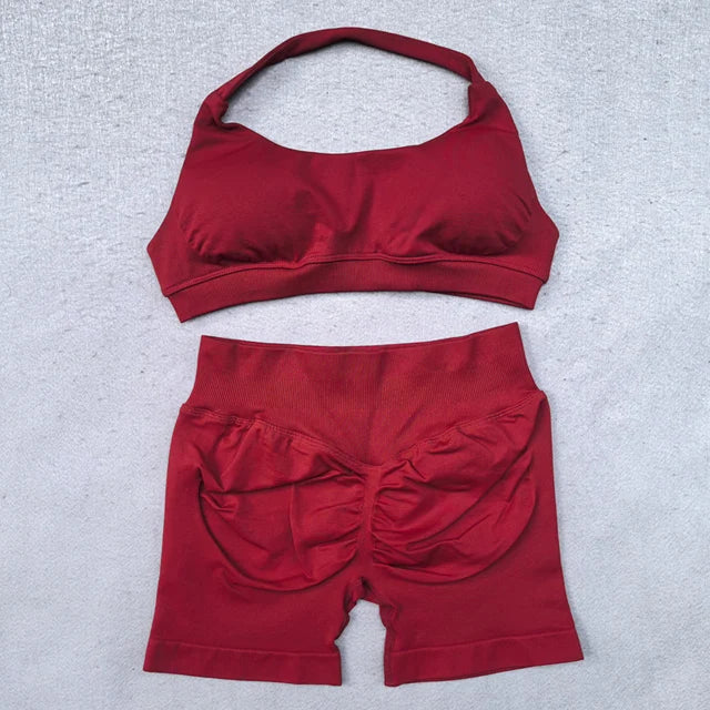 Shorts Set 2 Pieces Seamless Yoga Set Workout Tracksuit Women Halter Sport.