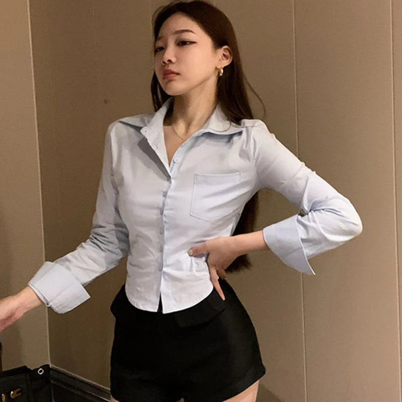 Gidyq Elegant Women Korean Shirts Fashion Streetwear Female Slim Blouse.