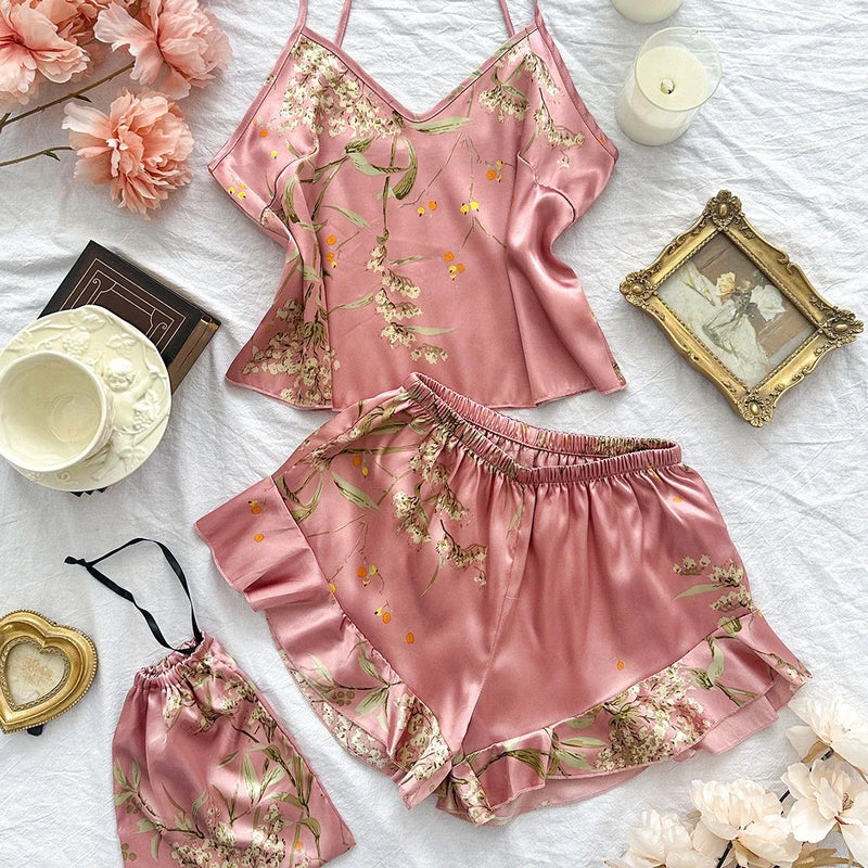Women’s Elegant Floral Print Cami Tops Ruffle Hem Shorts Pajama Set.
