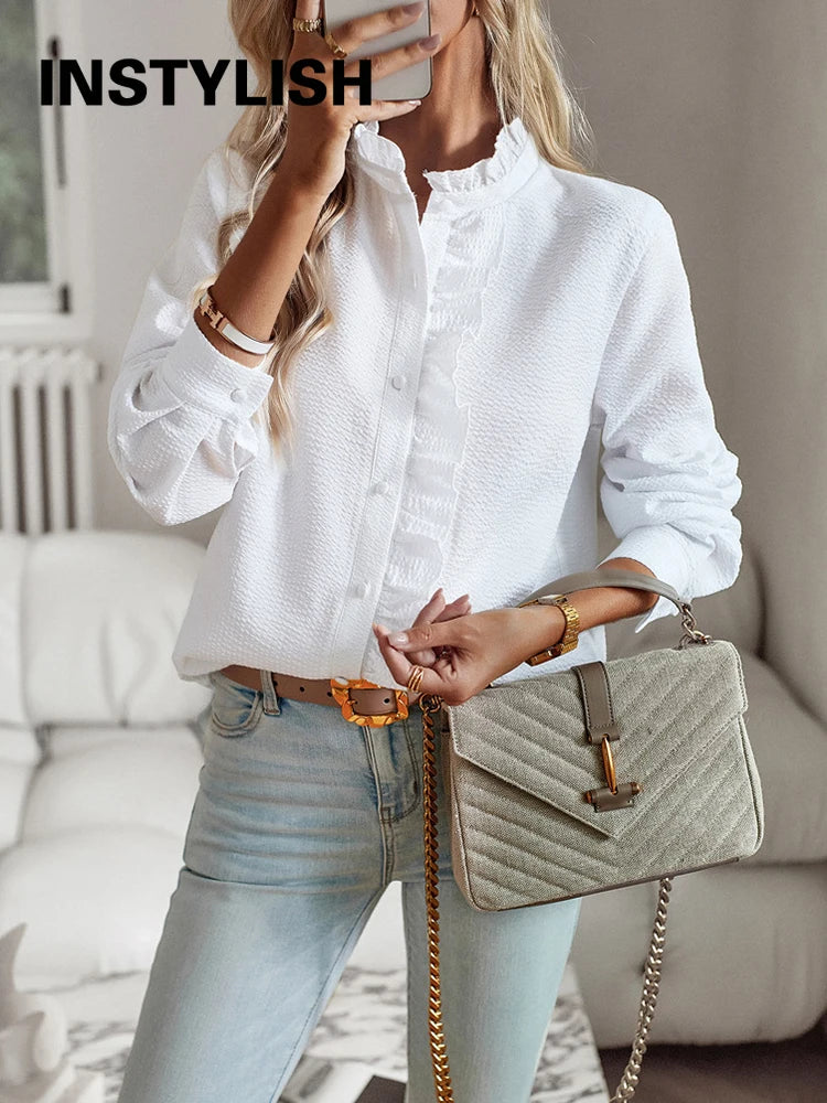 Women's Shirt Elegant Long Sleeve Ruched Stand Neck Office Lady Blouse.
