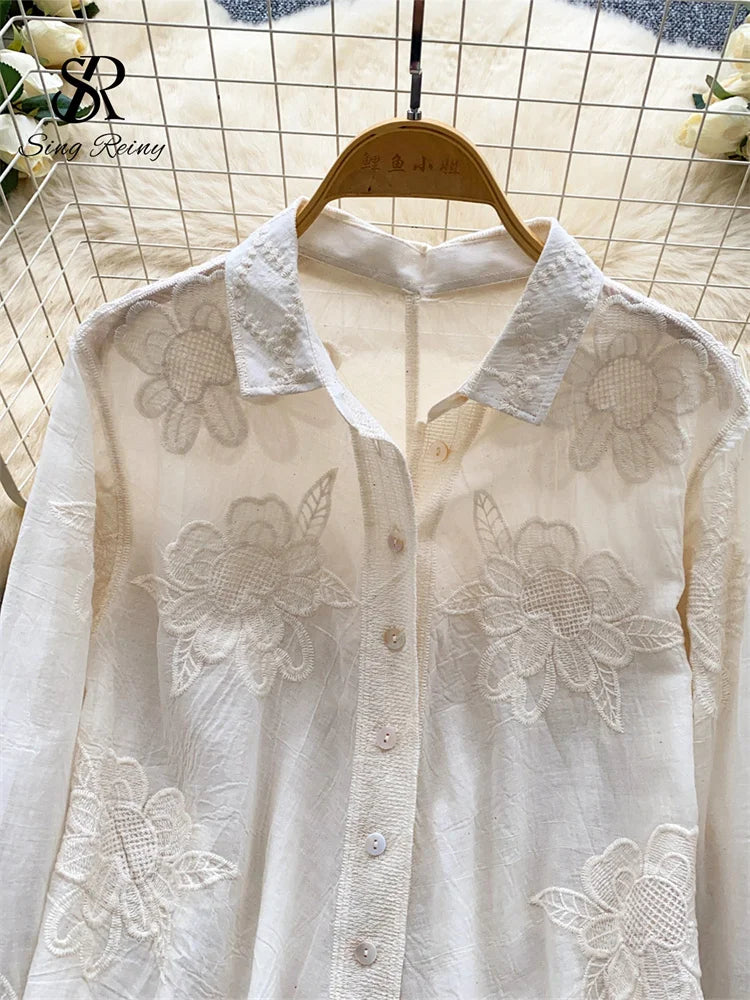 Floral Embroidery Romantic Blouse Button Long Sleeve French Loose Chic Top Female.