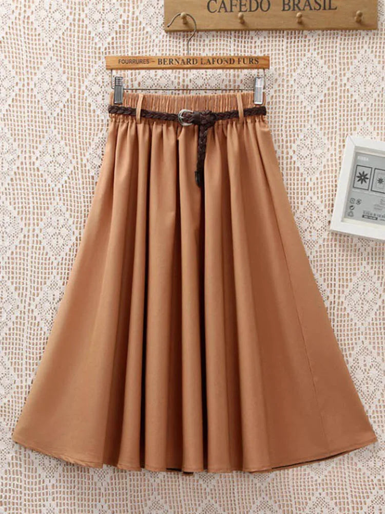 Midi Knee Length Summer Skirt Women With Belt Fashion Korean Ladies.