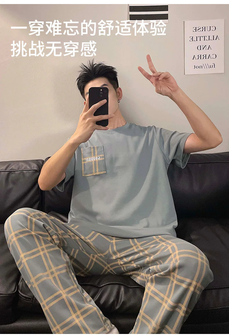 Summer Knitted Plaid Cool Mens Pyjamas Pajamas Casual Pjs Lounge Sets.