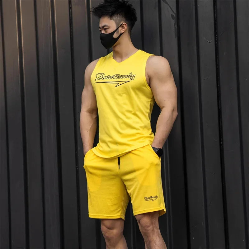 Men’s casual sport suit men running fitness vest+Shorts two-piece set.