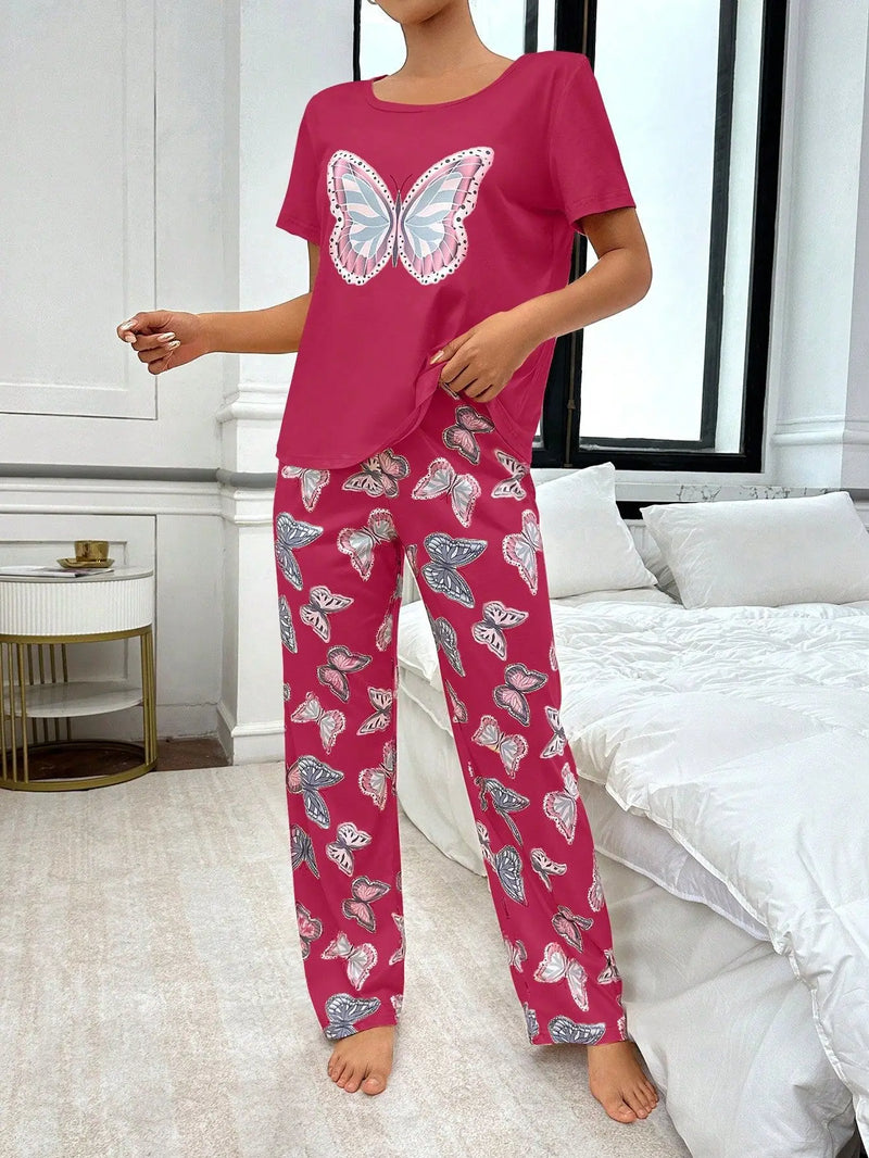 Women's Butterfly Print Pajamas Set Short Sleeve Top And Trousers 2 Piece.