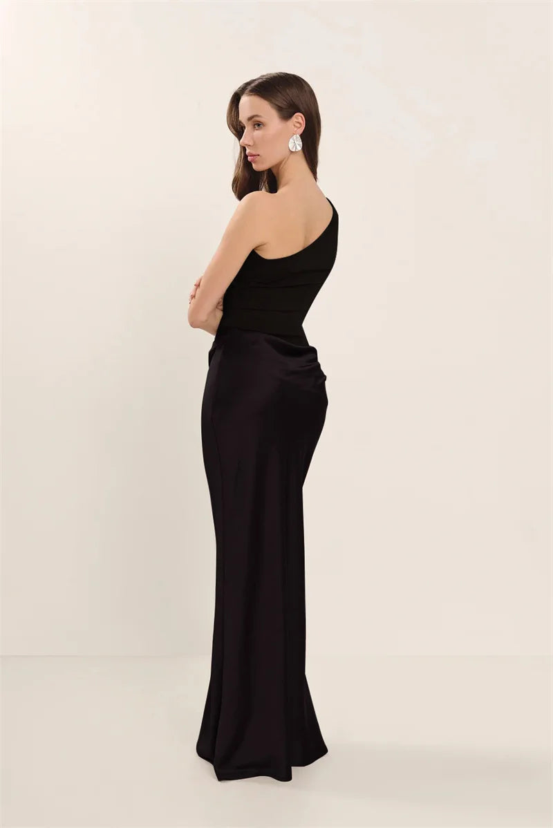 Women’s Mozision Satin Inclined Shoulder Sexy Maxi Dress.