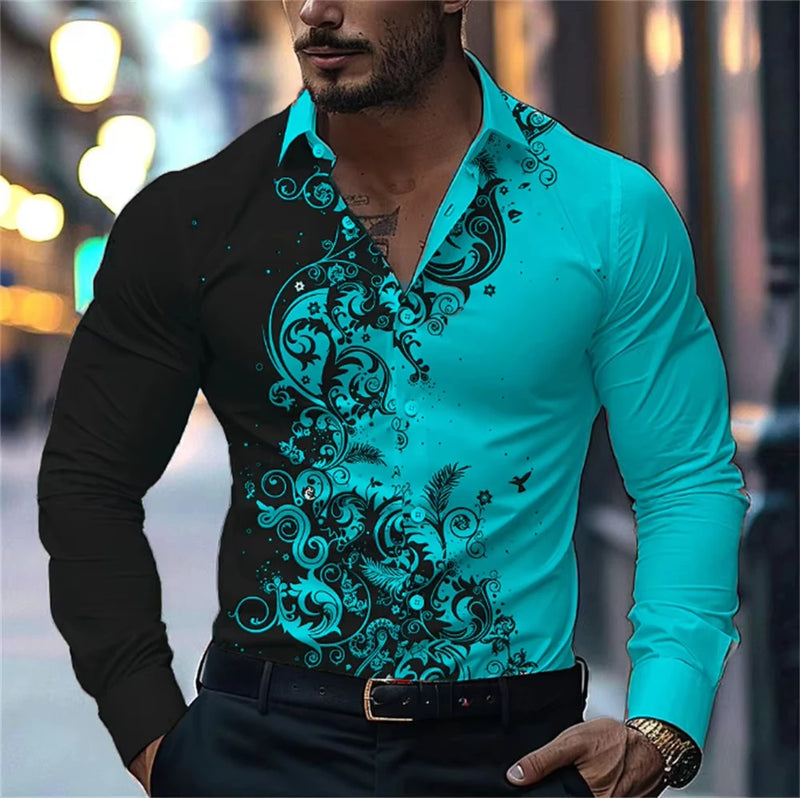 Men's Stylish Red Floral Print Dress Shirt - Casual Long Sleeve Button-Up.