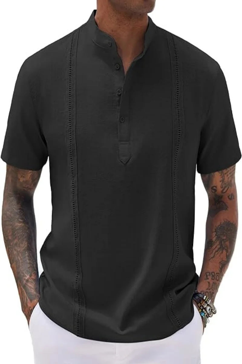 Summer Men's Solid Color Cotton Linen Henley Shirt Casual Guayabera Short.