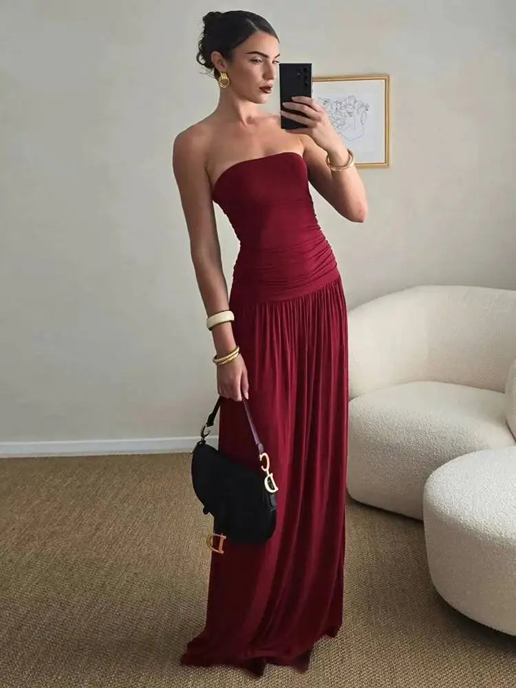 Mozision Off-shoulder Strapless Pleated Sexy Maxi Dress Women.