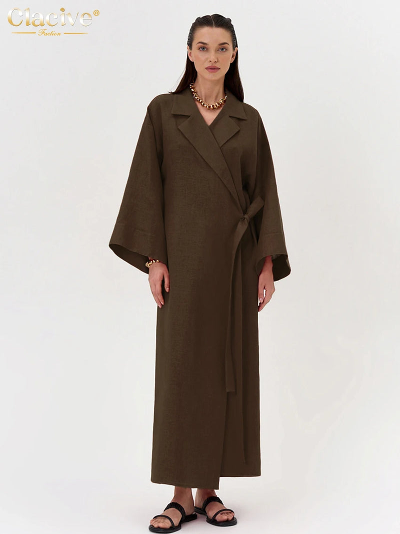 Ladies Fashion Lapel Long Sleeve Ankle Length Dress Elegant Lace-Up Dresses For Women.