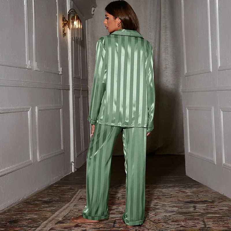 Ladies spring and autumn pajama set, with a lapel jacquard wide stripe cardigan.