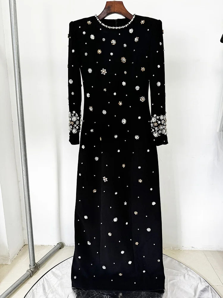 Women's Formal Long Sleeve Luxurious Beaded Long Maxi Dress.