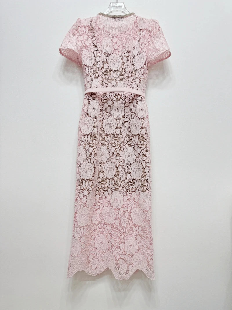 Women’s Lace Midi Dress Diamonds Bow Pink Floral Crystal Short Sleeve.