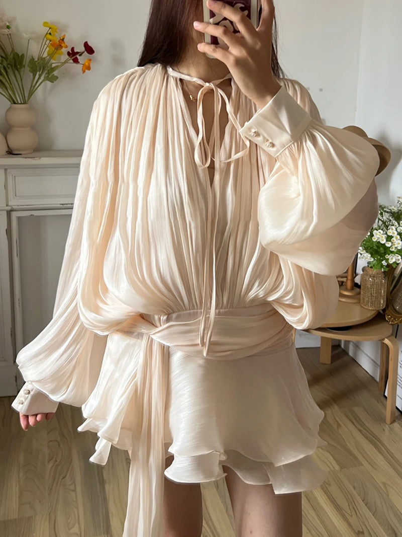 TWOTWINSTYLE Solid Blouse Mini Dresses For Women V Neck Long Sleeve.
