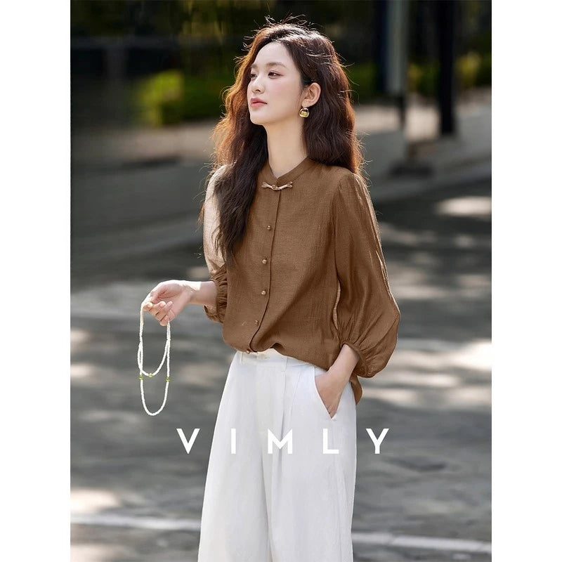 VIMLY Elegant Women Shirt Spring Autumn Chinese Style Lantern Sleeve.