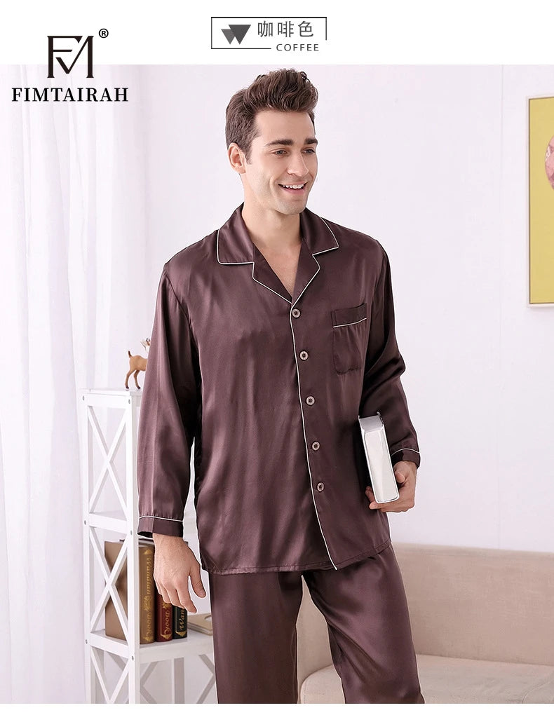 Men's Two Sets Sleepwear Summer Soft Long Sleeve  Home Wear  Mulberry Silk Pijimas.