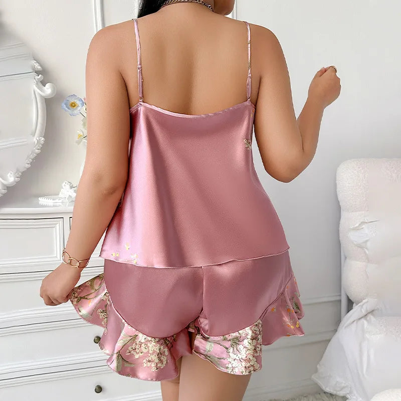 Printed ladies' pajamas fashion casual ice silk pajamas home clothes.