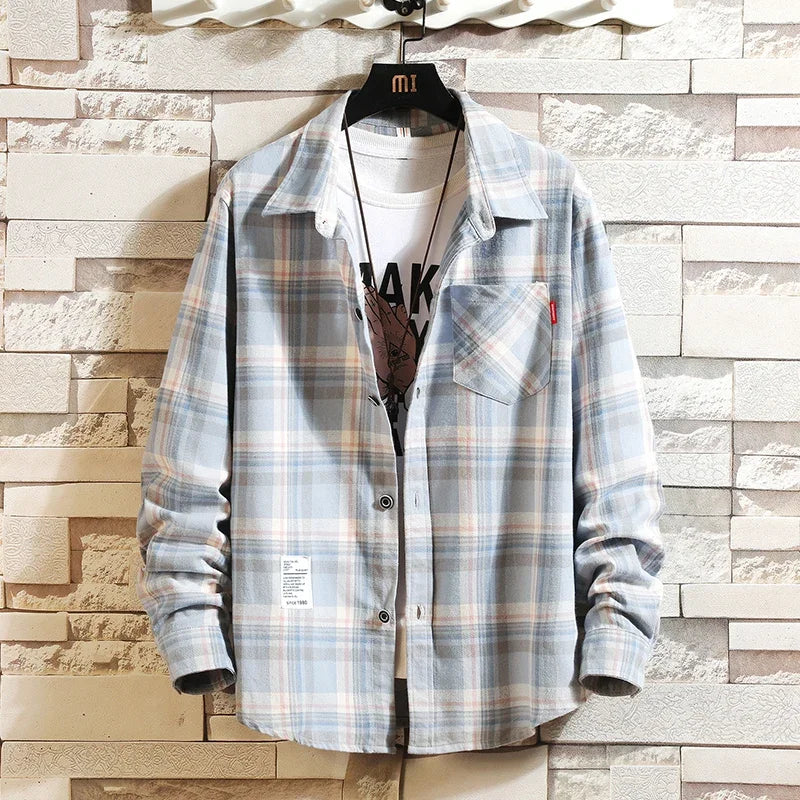 Summer Men's Plaid Shirt Button Pocket Casual Fashion Elegant Long sleeve.