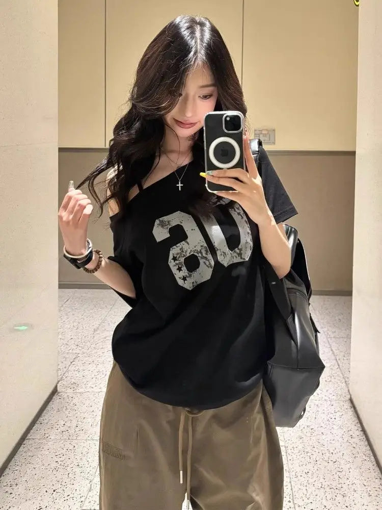 Black Off Shoulder Slant Neck Short Sleeve T-Shirt Summer Women Sweet.