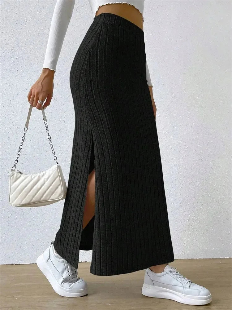 Women Rib-knit Side Split Maxi Skirt Autumn Spring Casual Elegant High Waist.
